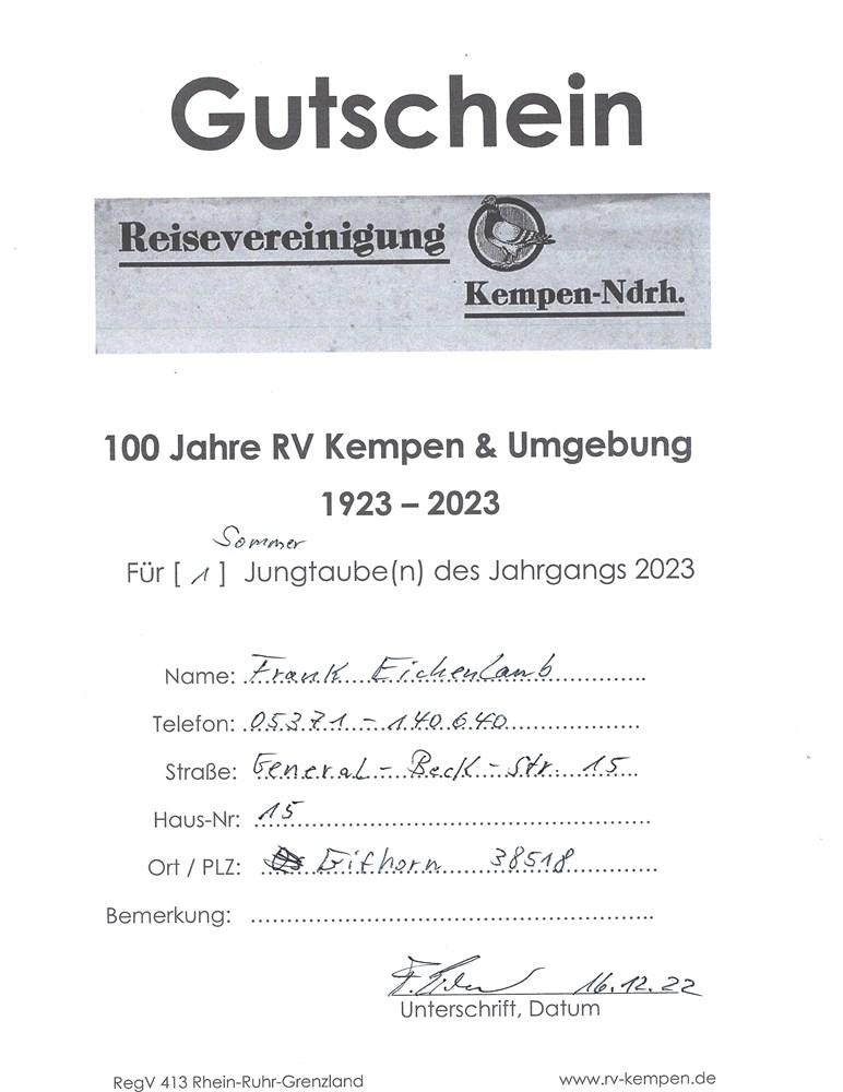 Brieftauben Auktion De Pos Frank Eichenlaub Gutschein Eine