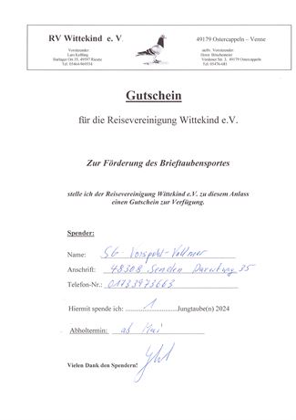 Brieftauben Auktion De Pos 25 Gutschein Von Der SG Vollmer Vorspohl