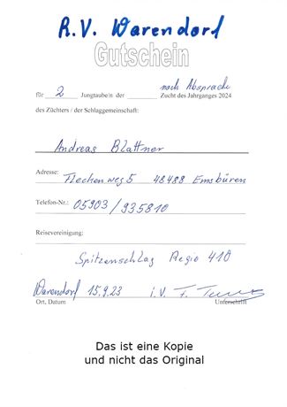 Brieftauben Auktion De Gutschein Von Balttner Andreas