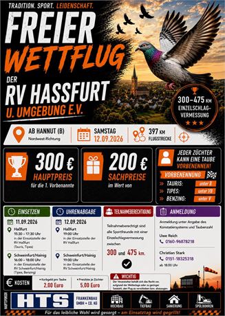 🕊️ Freier Wettflug * RV Haßfurt * 12.09.2026  – Jetzt anmelden! 🕊️